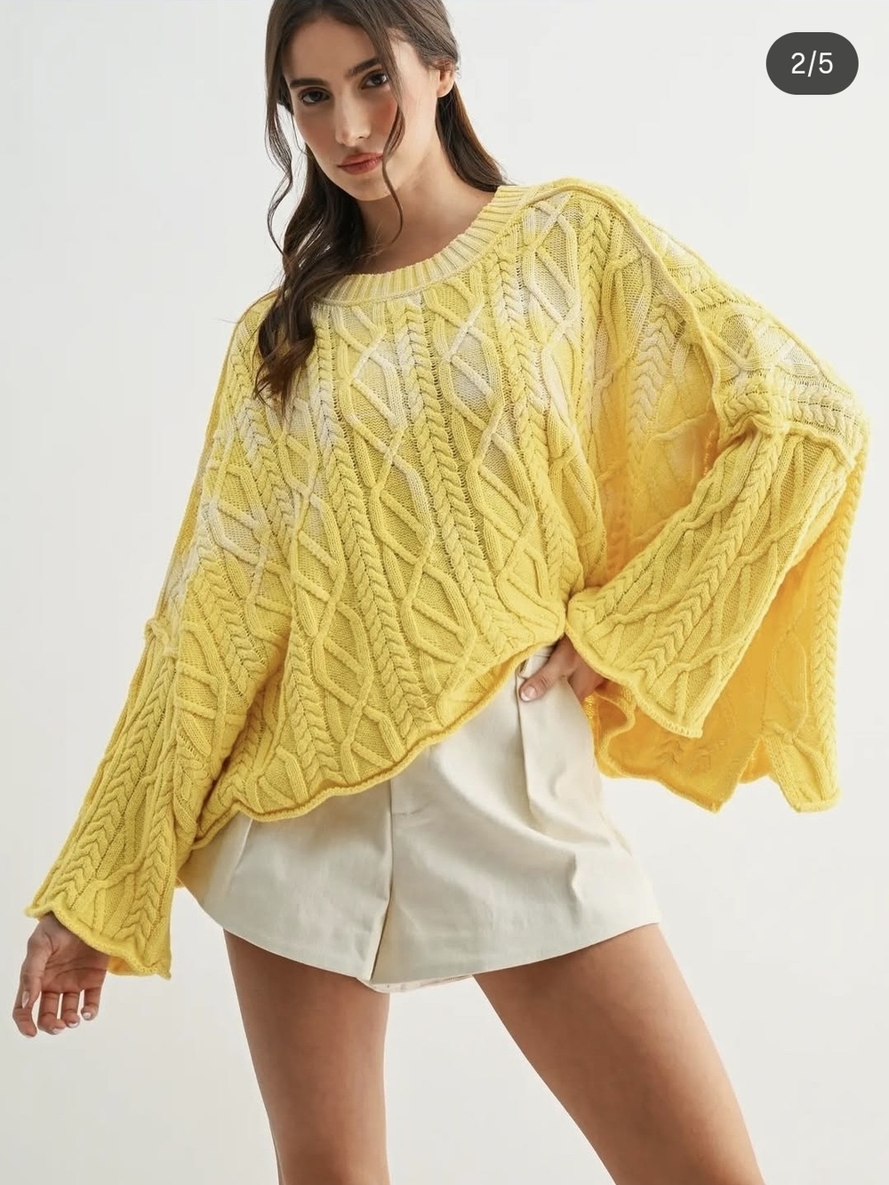 Free People Washed Ashore Butter Yellow Cable Knit Scoop Sweater